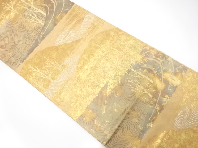 引箔　遠山に木立ち・流水模様織り出し　袋帯